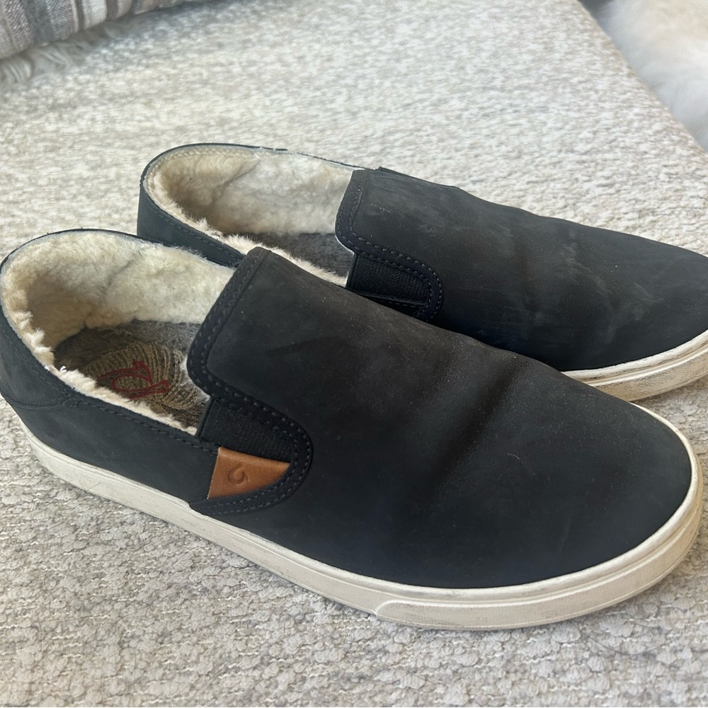 OluKai Black Slip-On Loafers with Cream Lining